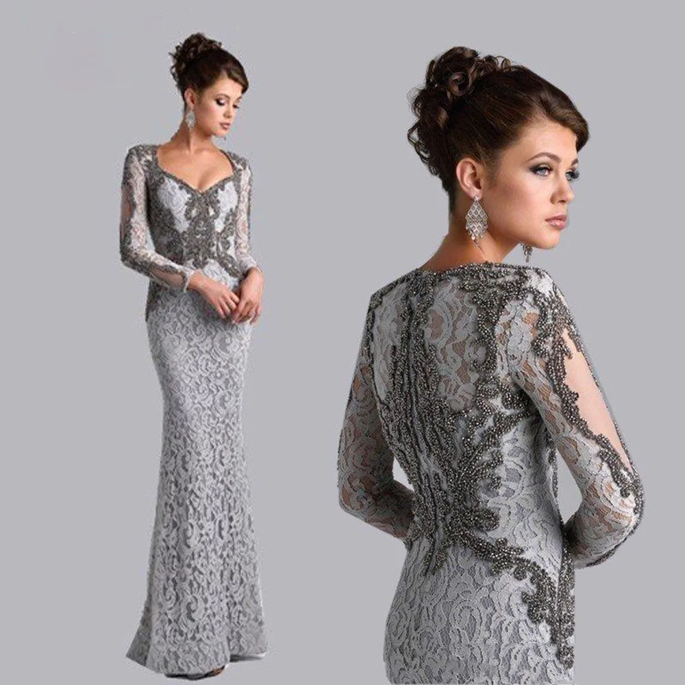 

2024 Silver Long Sleeves Mermaid Mother of the Bride Lace Dresses Beaded Saudi Arbia Long Evening Party Gowns Plus Size Mother F