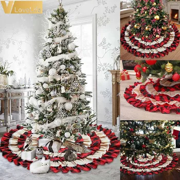

Christmas Tree Skirt 48 INCH Xmas Tree Decoration Ruffled Double Layer Trim Christmas Tree Decor Red-Black Plaid