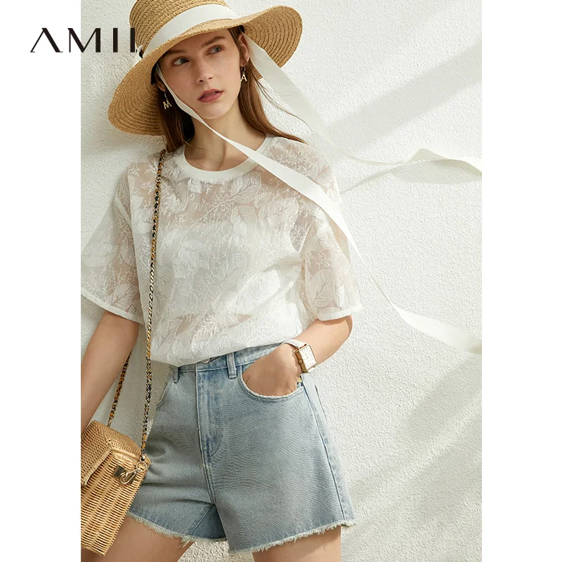 AMII минимализм весна лето кружевная тонкая женская блузка Повседневная модная
