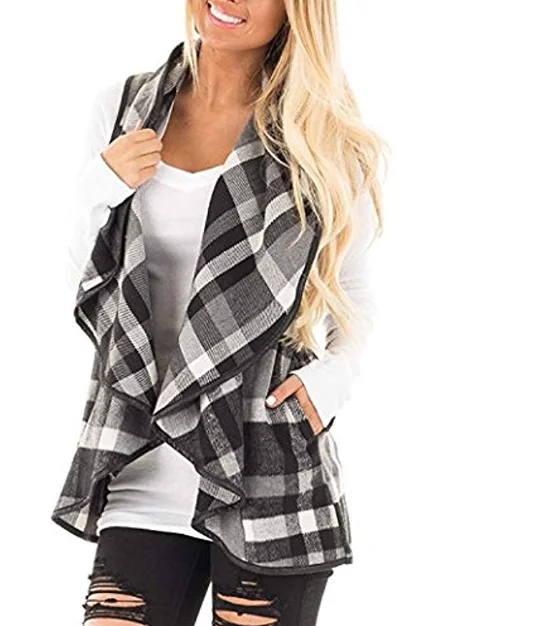 Small Plaid Осенний офисный женский жилет без рукавов с отложным воротником, куртка с открытой передней частью, клетчатый кардиган в клетку, Повседневный Женский Длинный жилет размера плюс - Цвет: Small Plaid