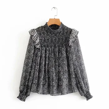 

2020 Spring Women's New Round Neck Long Sleeve Stretch Cuffs Honeycomb Panel Splicing Laminated Decorative Printing Shirt