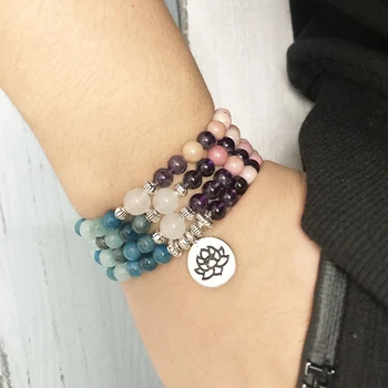 

6mm Natural Sun-stone Rhodonite Amethysts Apatite Beaded Meditation Bracelet 108 Beads Handmade Yoga Lotus Charm Jewelry