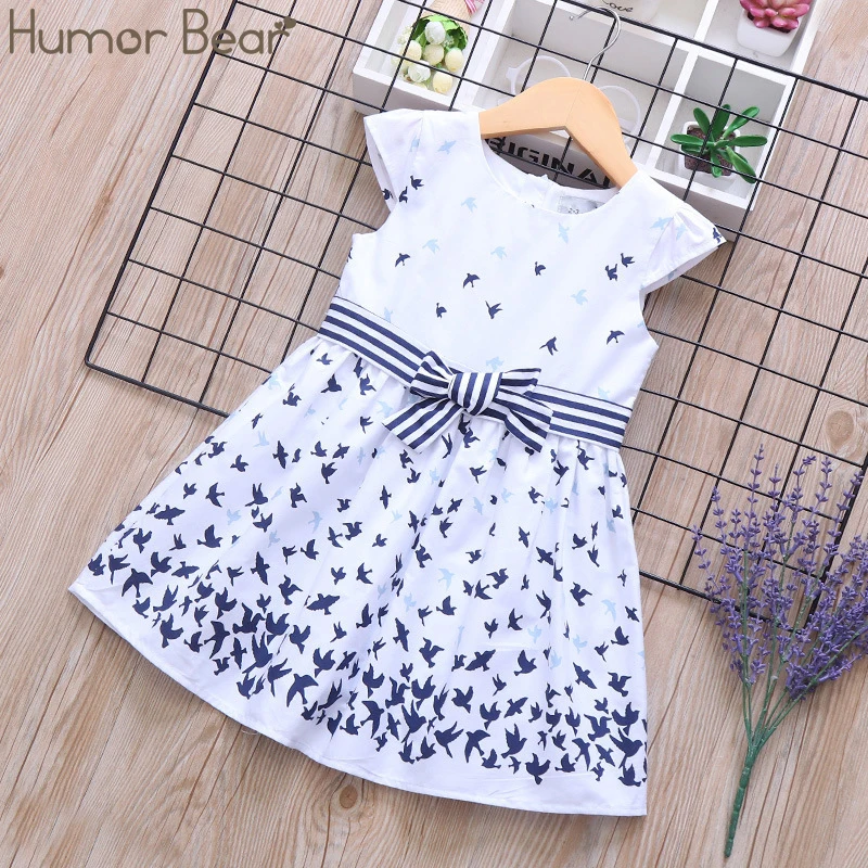 Humor Bear/ г. Летние платья для девочек Новое Детское милое платье принцессы в полоску с бантом и принтом птицы для девочек Одежда для маленьких девочек