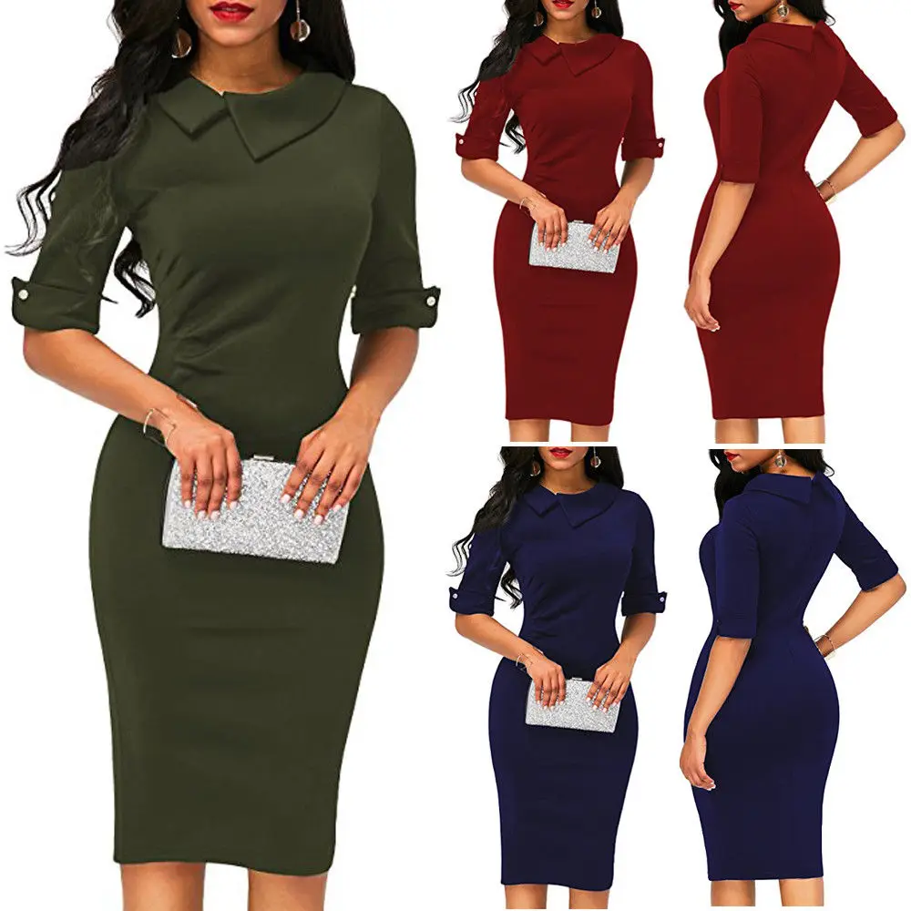 

Ladies Elegant Half Sleeve Bodycon Dress Spring Fashion Solid Dress Ladies Formal Business Work Party Sheath Dress