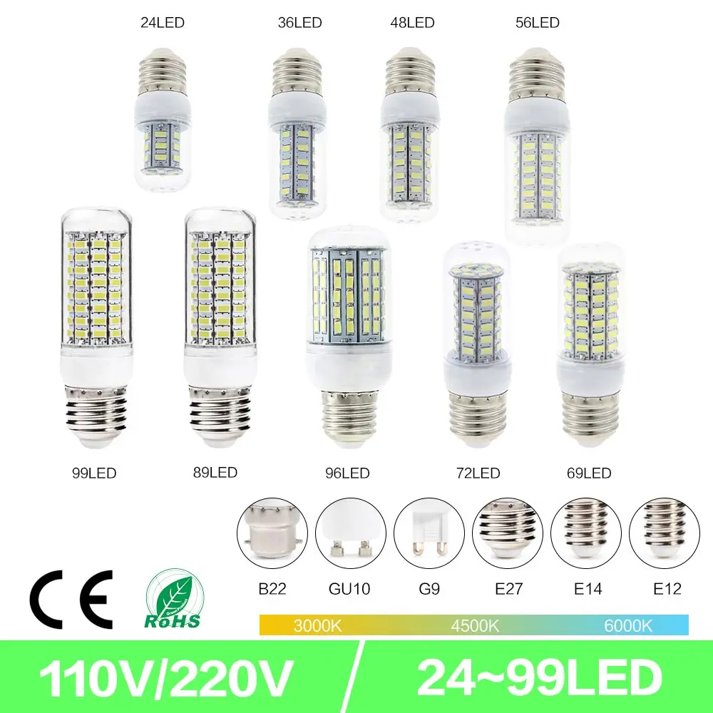 Светодиодная лампа кукуруза SMD5730 E27 GU10 B22 E14 G9 7 Вт 12 15 18 360 градусветильник 110 В 220