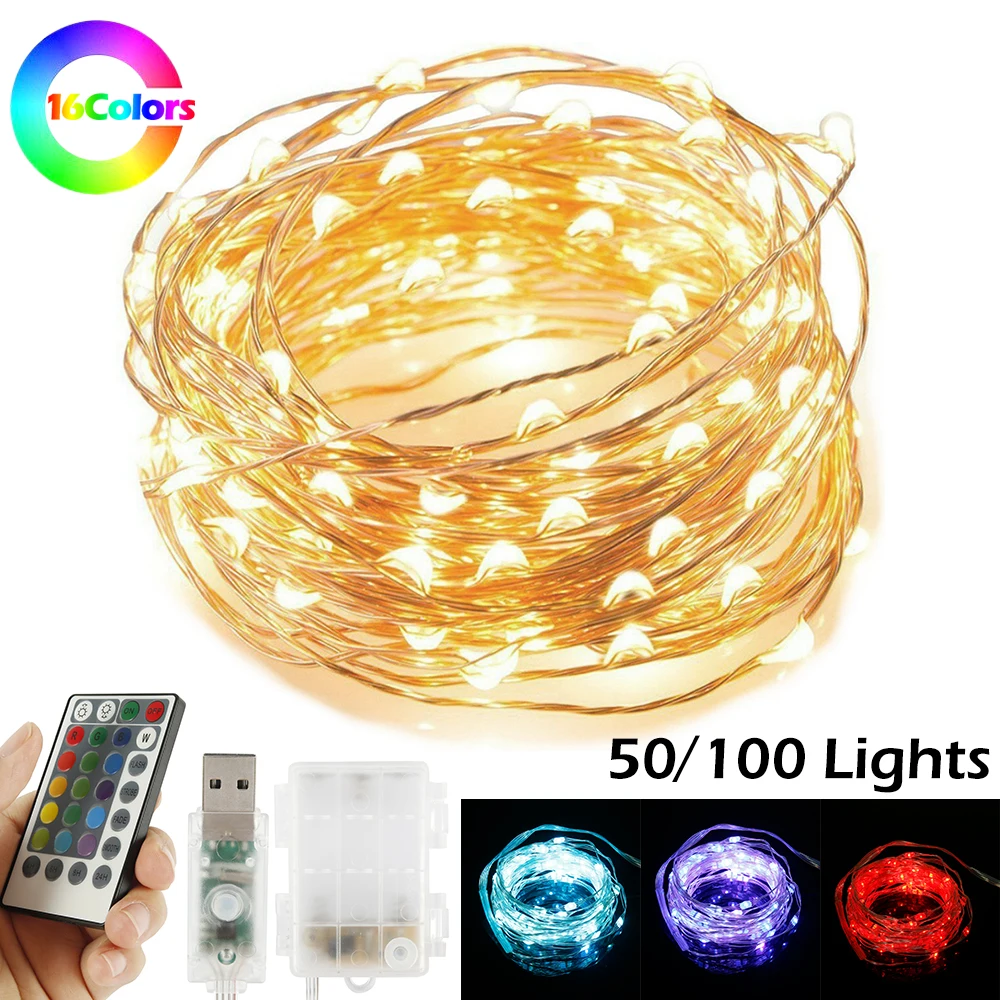 

16 Colors Copper Wire LED String Lights 5M 10M Waterproof 28 Keys Remote Control Fairy String Light USB/Battery Holiday Lighting