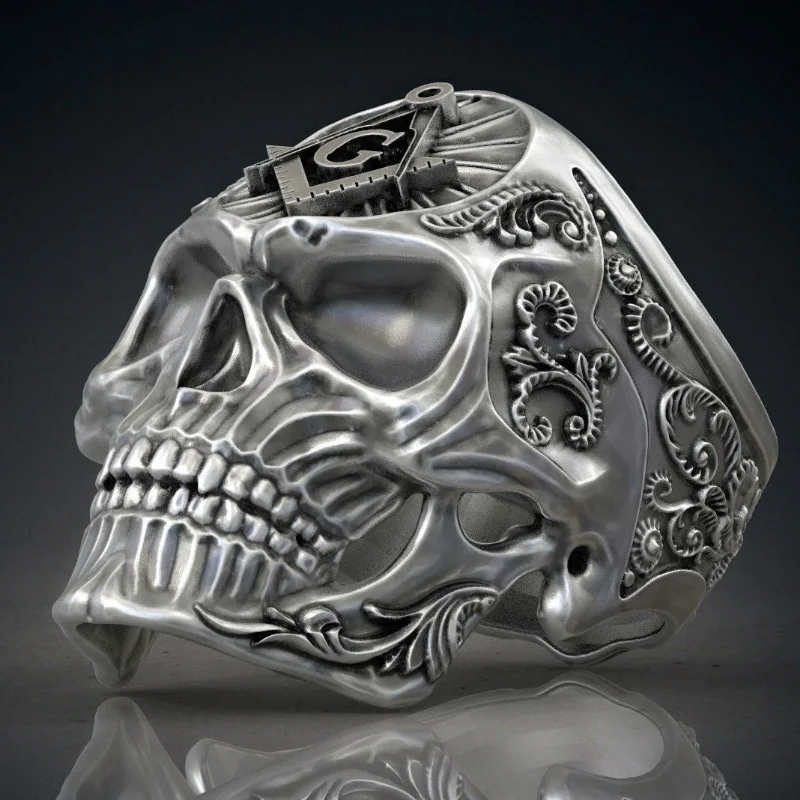 

New Exaggerated Skull Shape AG Masonic Pattern Ring Men's Ring Fashion Metal Horror Skull Ring Masonic Ring Accessories Jewelry