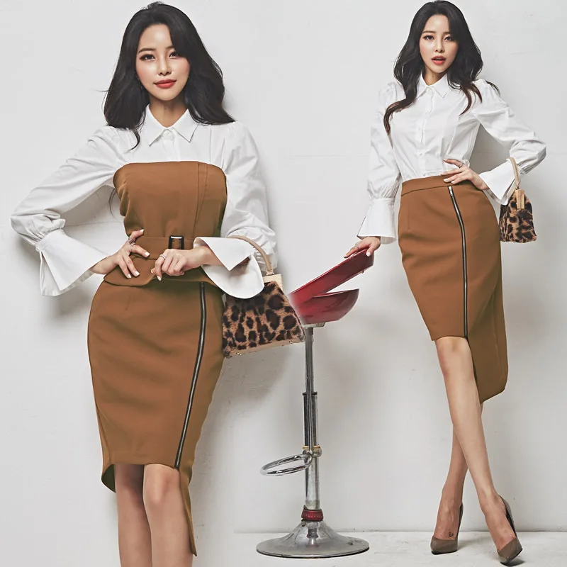 

WOMEN'S Dress 2018 Winter Korean-style Elegant Bell Sleeve Shirt Waist Hugging Wrap-around + Irregular Skirt Set
