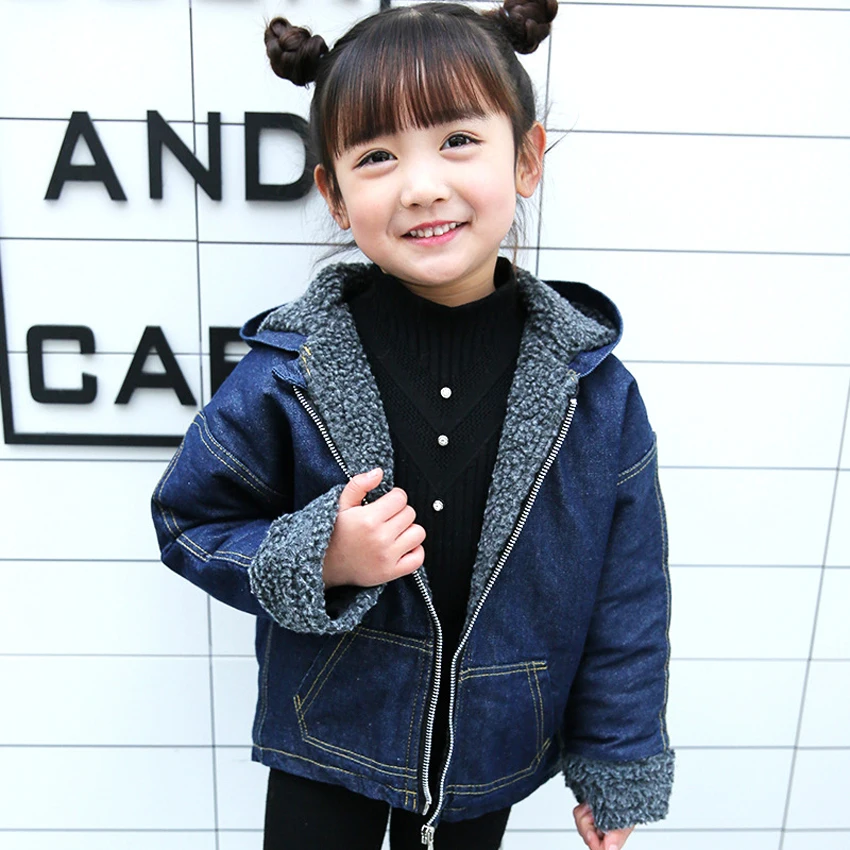 

Kids Jacket For Girls Winter Children's Jackets Lambs Wool Hooded Denim Plus Cashmere Jacket For Girls Winter Overalls For Girls