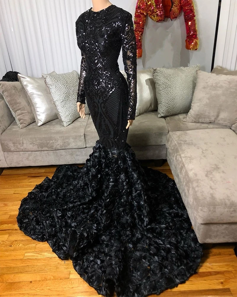 

Mermaid Prom Dresses 2020 Real Picture Sequin Long Sleeve African Black Girl 3D Flowers Evening Gowns long Women Formal Dress