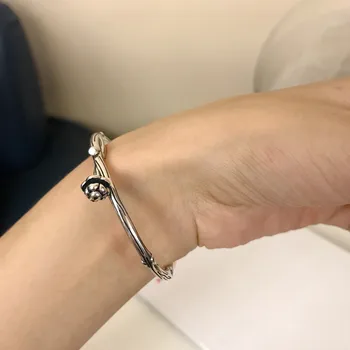 

Retro Authentic 925 Sterling silver Lotus Flower rattan cane Branches Cuff Bangle open adjust Fine Jewelry TLS277
