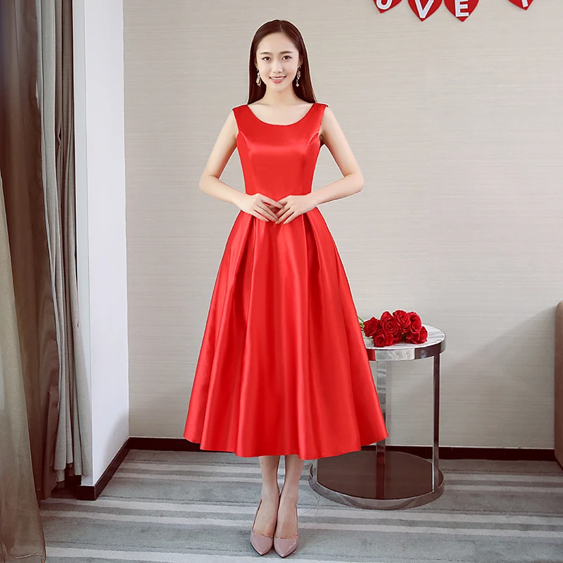 

O-Neck Junior Red Bridesmaid Dress Elegant Tea-Length Taffeta Wedding Guest Dress Sexy Prom Club Dress for Wedding Party Vestido