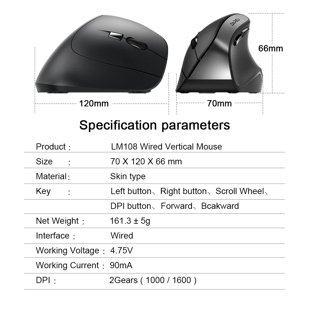 DAREU LM108 Ergonomic Wired Vertical Mouse 1600DPI 6 Button Optical Right Hand Mice With LED light For PC Laptop Computer Office
