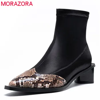 

MORAZORA 2020 Newest genuine leather shoes women ankle boots high heel shoes pointed toe snake autumn Stretch boots woman