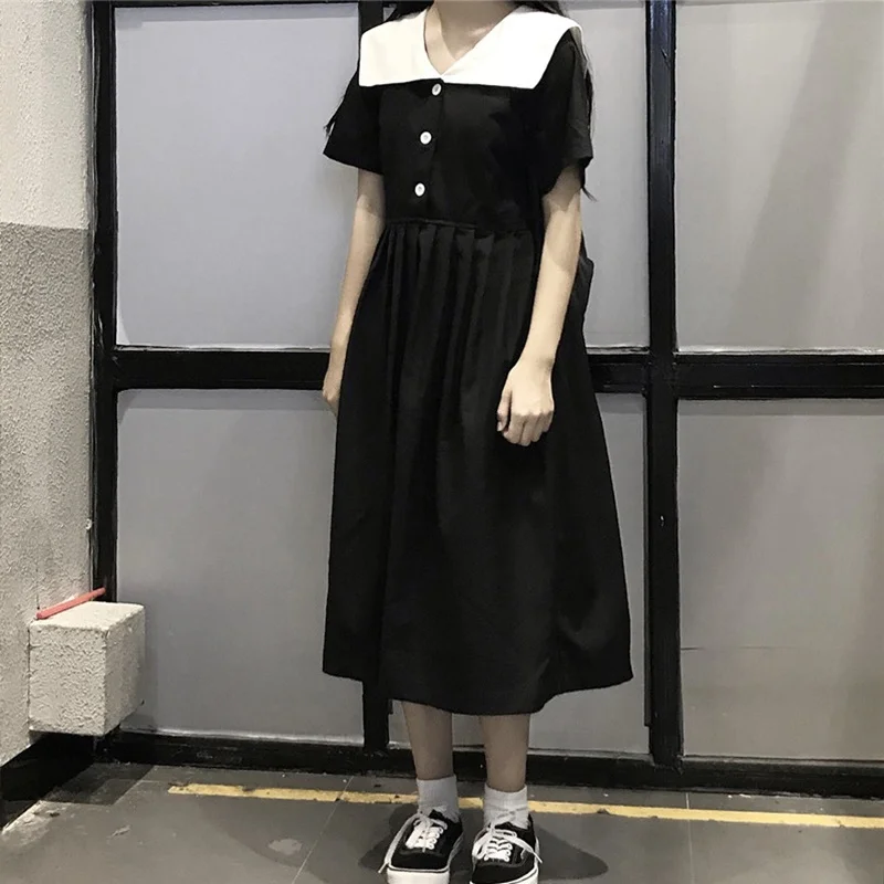Черные платья в японском стиле; лето г.; длинное платье средней длины с матросским воротником; милое платье в стиле Харадзюку каваи в стиле ретро; японское платье для девочек; FF2224