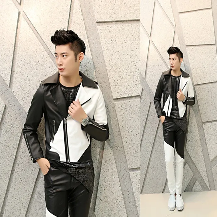 

Korean-style Slim Fit Contrast Color Joint Short Leather Coat Fold-down Collar PU Leather MEN'S Coat Leather Jacket W46 P