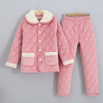 

Quilted Pajamas Coral Velvet Winter Set Thick Fold- down Collar Polyester Full Solid