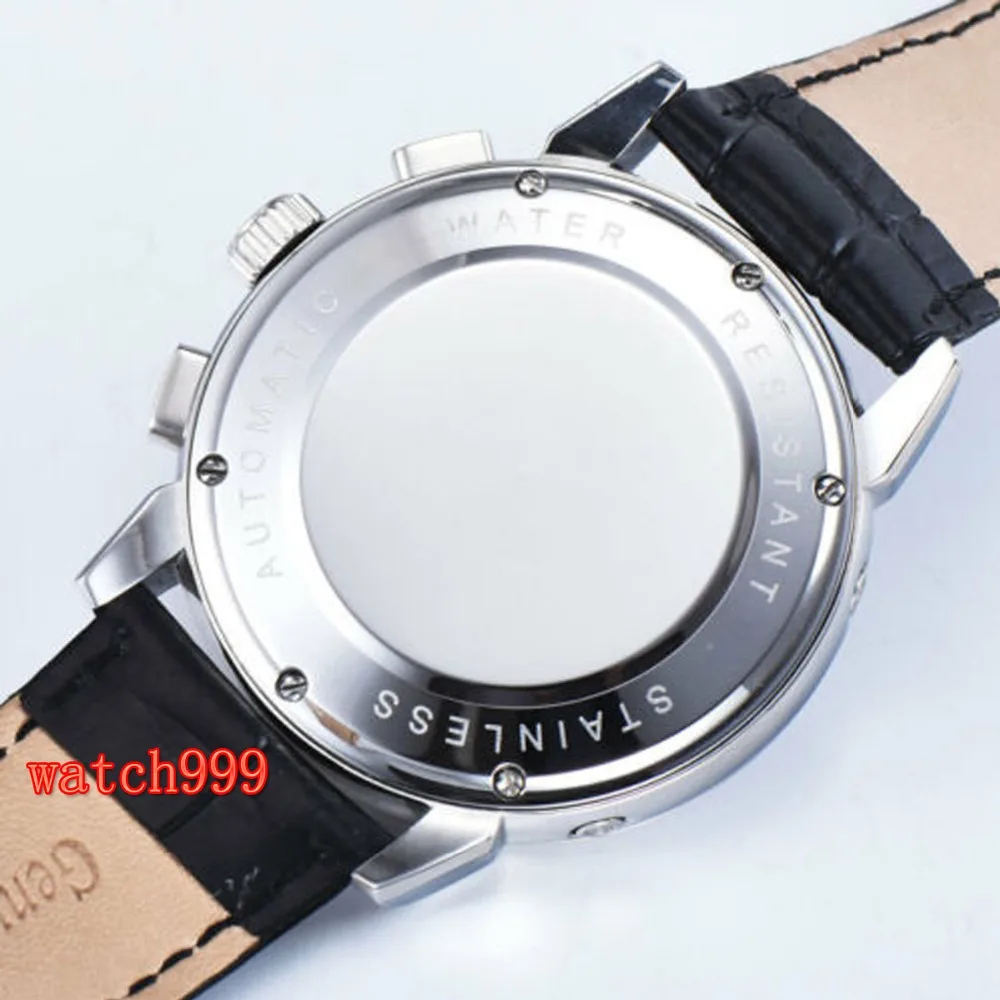 Corgeut 42 мм черный циферблат многофункциональные автоматические мужские часы из нержавеющей стали полированный ободок водонепроницаемые
