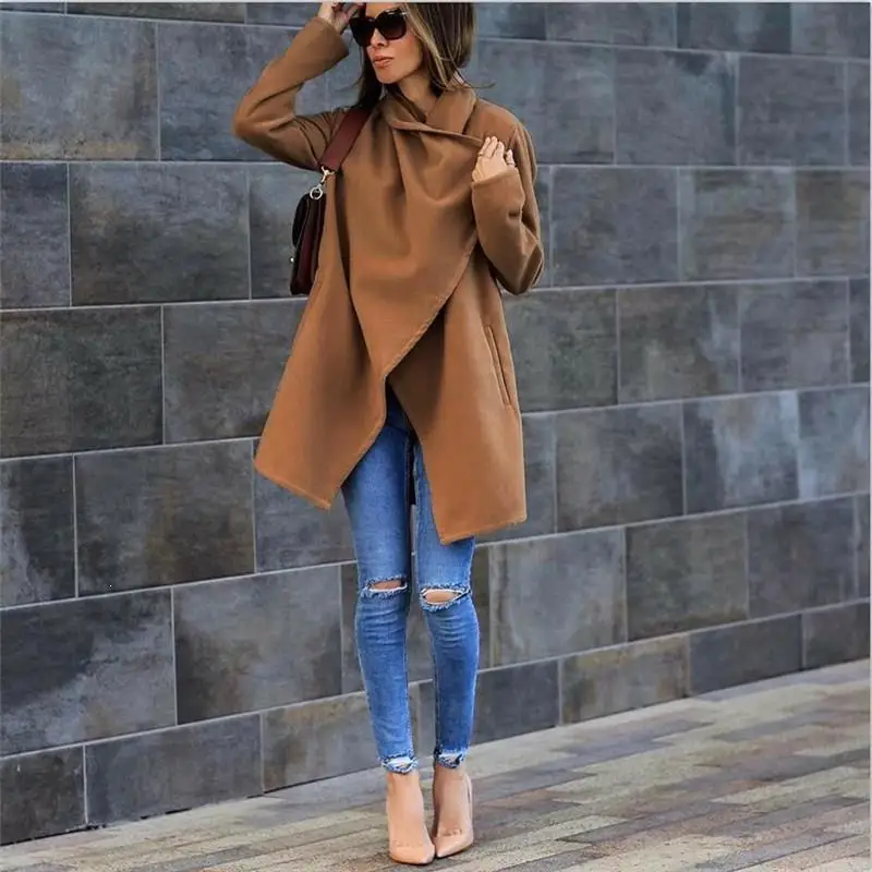 

Autumn Women Woolen Thin Jacket Coats Female Asymmetrical Coats Outerwear Long Sleeve Loose Solid Overcoats