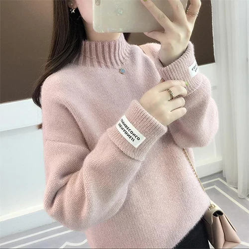 Женский милый вязаный свитер с длинным рукавом TIGENA, водолазка, толстый теплый пуловер, джемпер для женщин на зиму - Цвет: Розовый