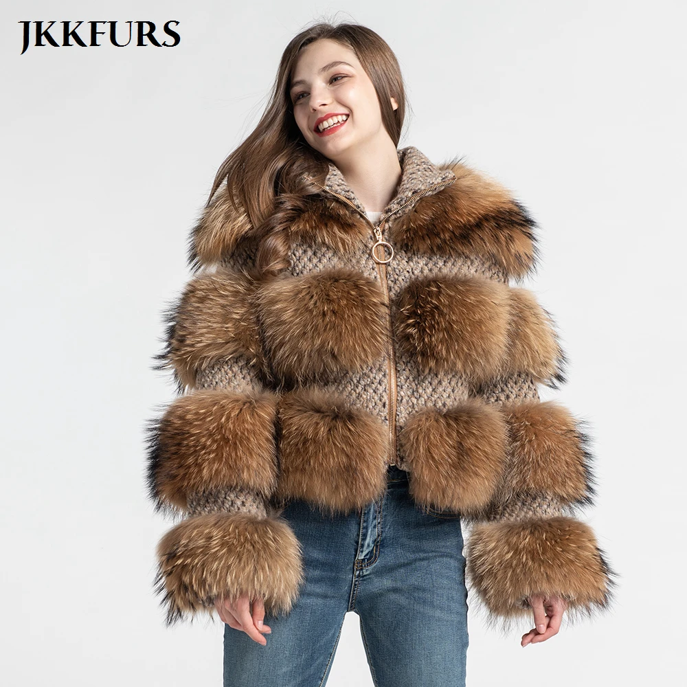 Новое Женское пальто из натурального меха енота зимняя модная Толстая теплая меховая куртка подлинный натуральных мех высокое качество S7458A