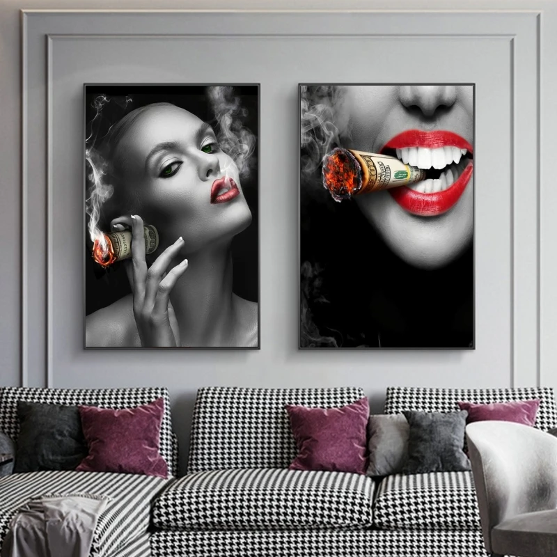 Sexy Lips Smoking Money Girls Canvas Painting Oil Poster and Prints Modern Wall Art Picture for Living Room Home Decor | Дом и сад
