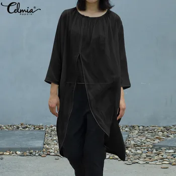 

Celmia Top Fashion Vintage Long Shirts Women Blouses 2020 Summer Split Asymmetrical Tunic Casual Loose Solid Pleated Blusas 5XL
