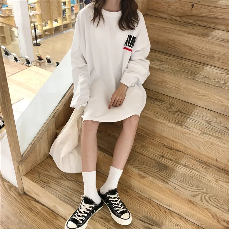 Осень корейский стиль Ulzzang Harajuku Винтажная футболка с буквенным принтом сзади для женщин Свободная футболка с длинным рукавом женский топ