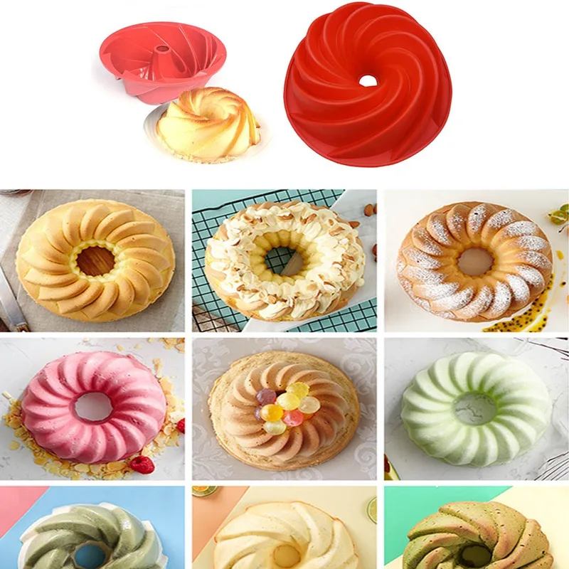 Large Spiral Shape Food Grade Silicone Bundt Cake Mold Pan 3D Fluted Cake Mould Form Bread Bakery Baking Tools Bakeware