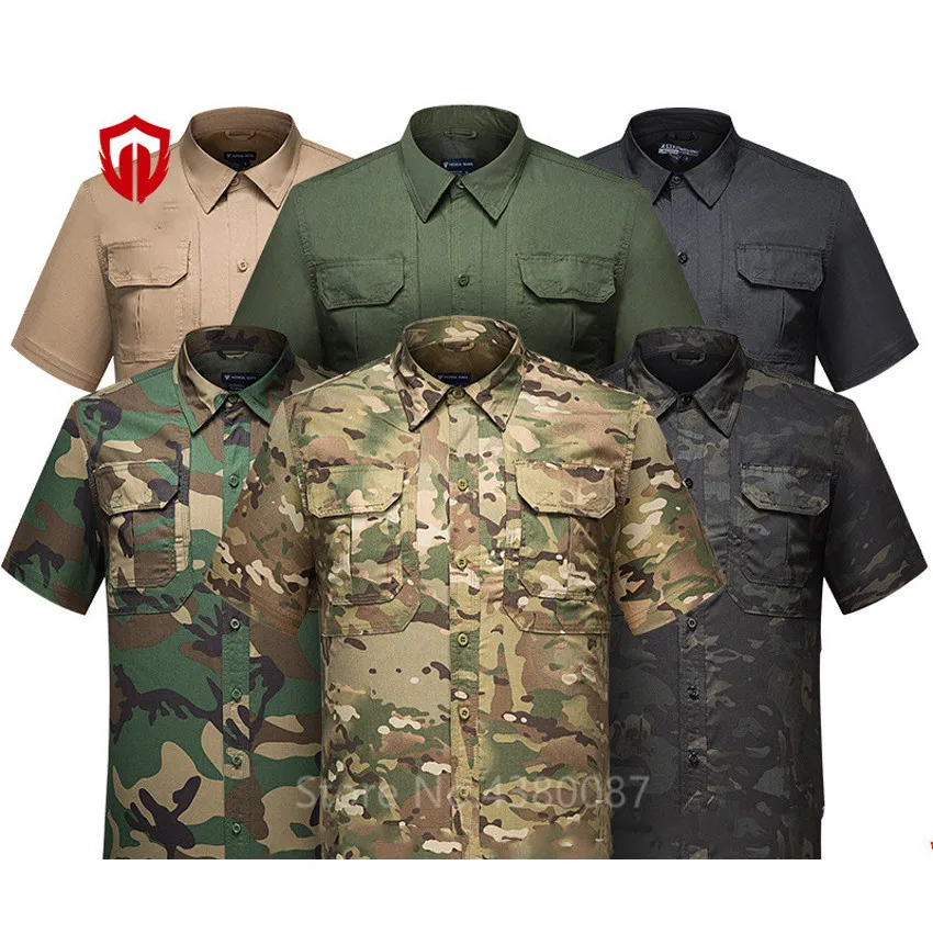 

WW2 Us Army Short Sleeve Shirt Military Uniform for Men Male Cotton Breathable Tactical Camouflage Stand Collar Combat Top 3XL