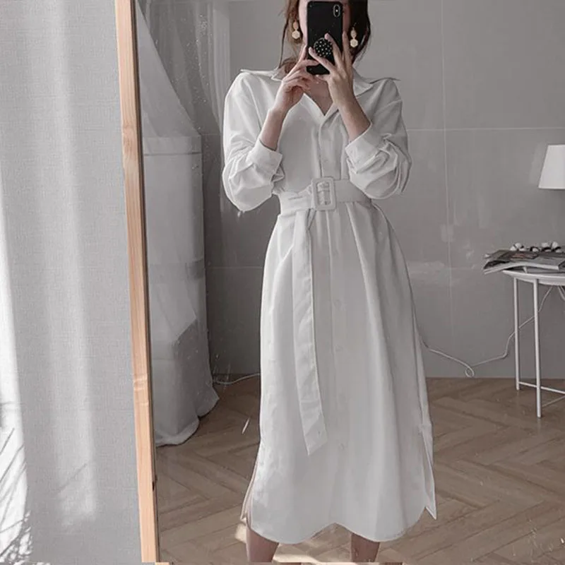 Женское однотонное платье с отложным воротником повседневное свободное поясом и