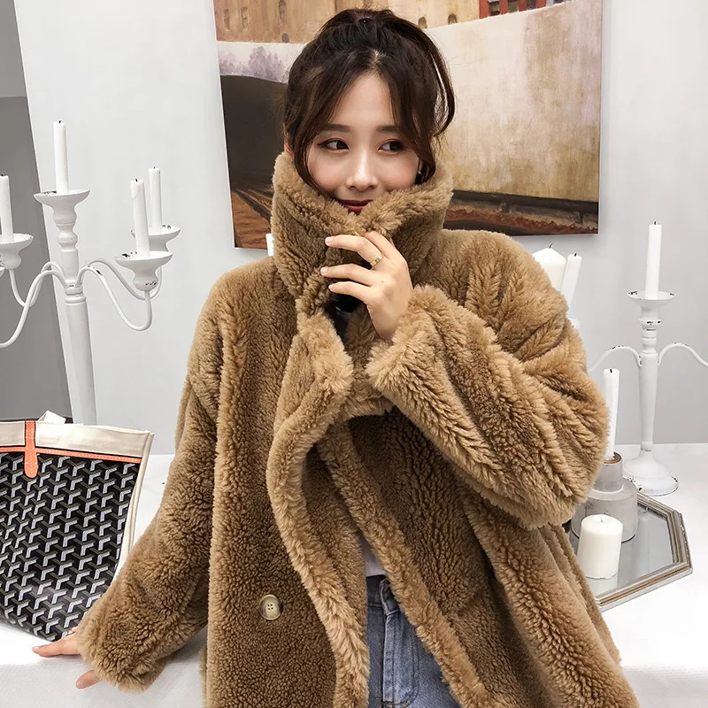 Brown Пальто из натурального меха женская зимняя куртка женская одежда корейские плюшевые пальто из натуральной овечьей шерсти Женская Верхняя теплая куртка Hiver 181 - Цвет: Brown