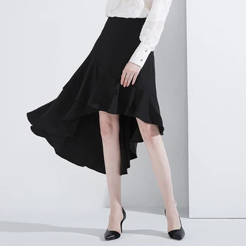 

Skirt Irregular Ruffled Black Ladies Summer and Autumn New 2019 OL Commuter Elegance Asymmetrical Slim High Waist Light Mature