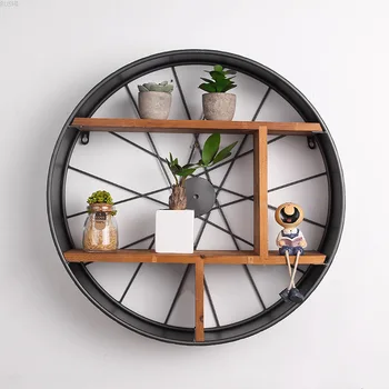 

Retro Style Industrial Iron Art Wheel Shelf Etagere Mural Industriel Living Room Cafe Bar Wall Hanging Decoration Storage Rack