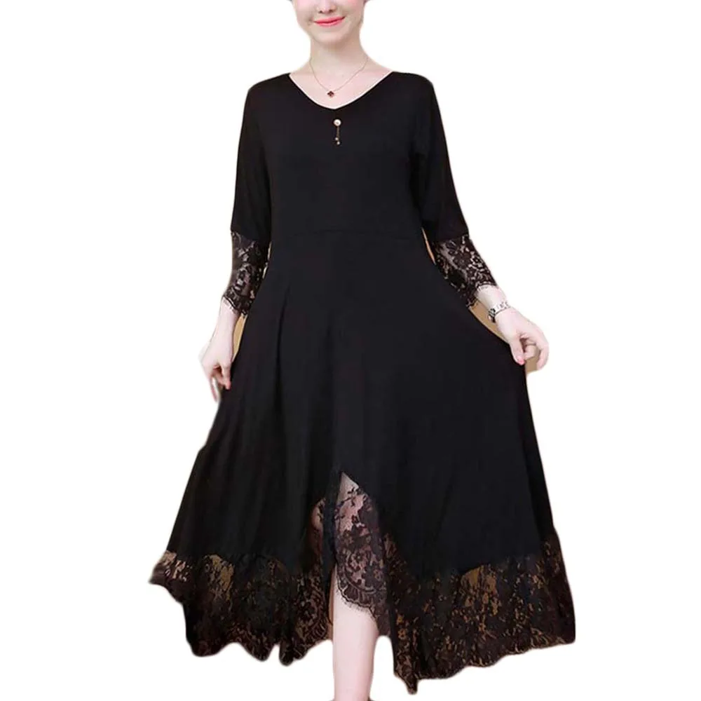 

Plus Size 6XL 5 Women Casual Black Dress Summer Lace Patchwork Cold Shoulder Short Sleeve Irregular Party Dresses Vestidos