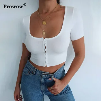 

Cotton Short Women T-Shirt Streetwear Sexy Square Neck Knit Tee Ladies Button Up Knitted Cropped 2020 Summer Casual Ribbed Top
