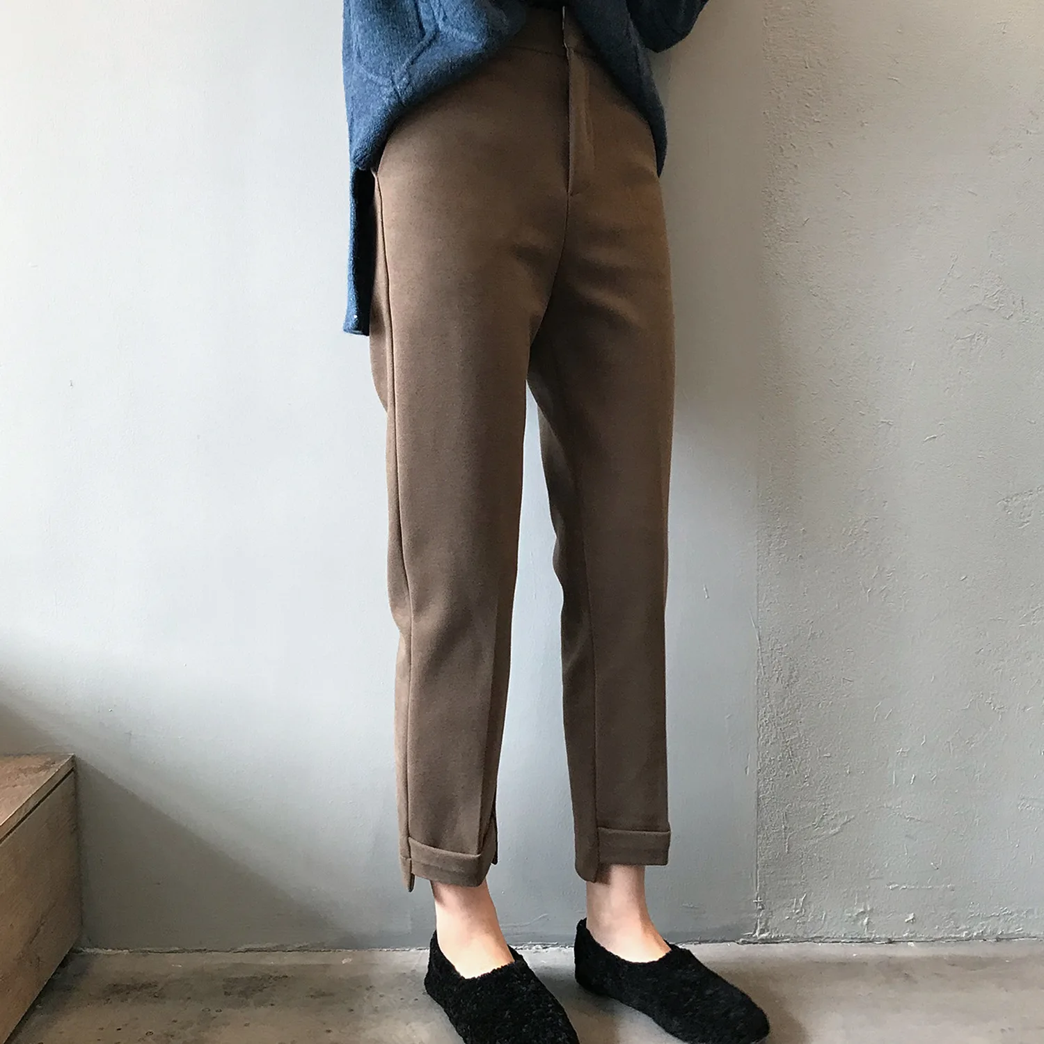 Mooirue Весна Зима Pantalon для женщин Рабочая Высокая талия шерстяные теплые свободные Высокая талия Дамы Pantalon низ