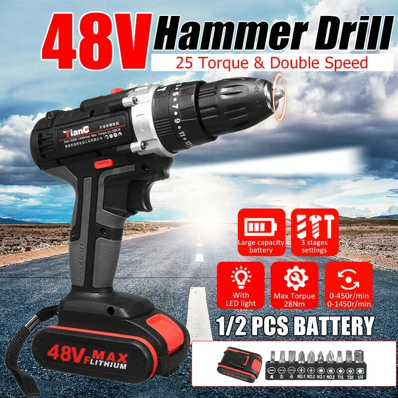 

48V 1500W Electric Drill Hammer Cordless 28N.m High Power Screwdriver 3 Stages Settings Impact/ Flat Drilling/ Turning Screws