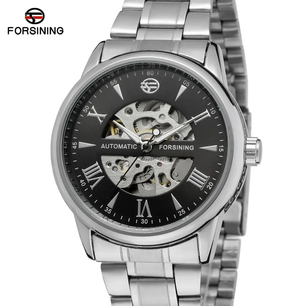 

Forsining Silver Stainless Steel Flower Hands Design Unique Obscure Case Mens Automatic Skeleton Wrist Watches Top Brand Luxury