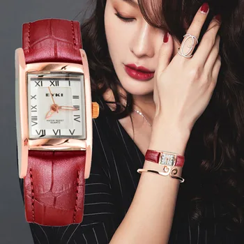 

Sinleery Fashion Rose Gold Color Rectangle Case Red Leather Strap Quartz Wrist Watch Women 10M Waterproof WT002