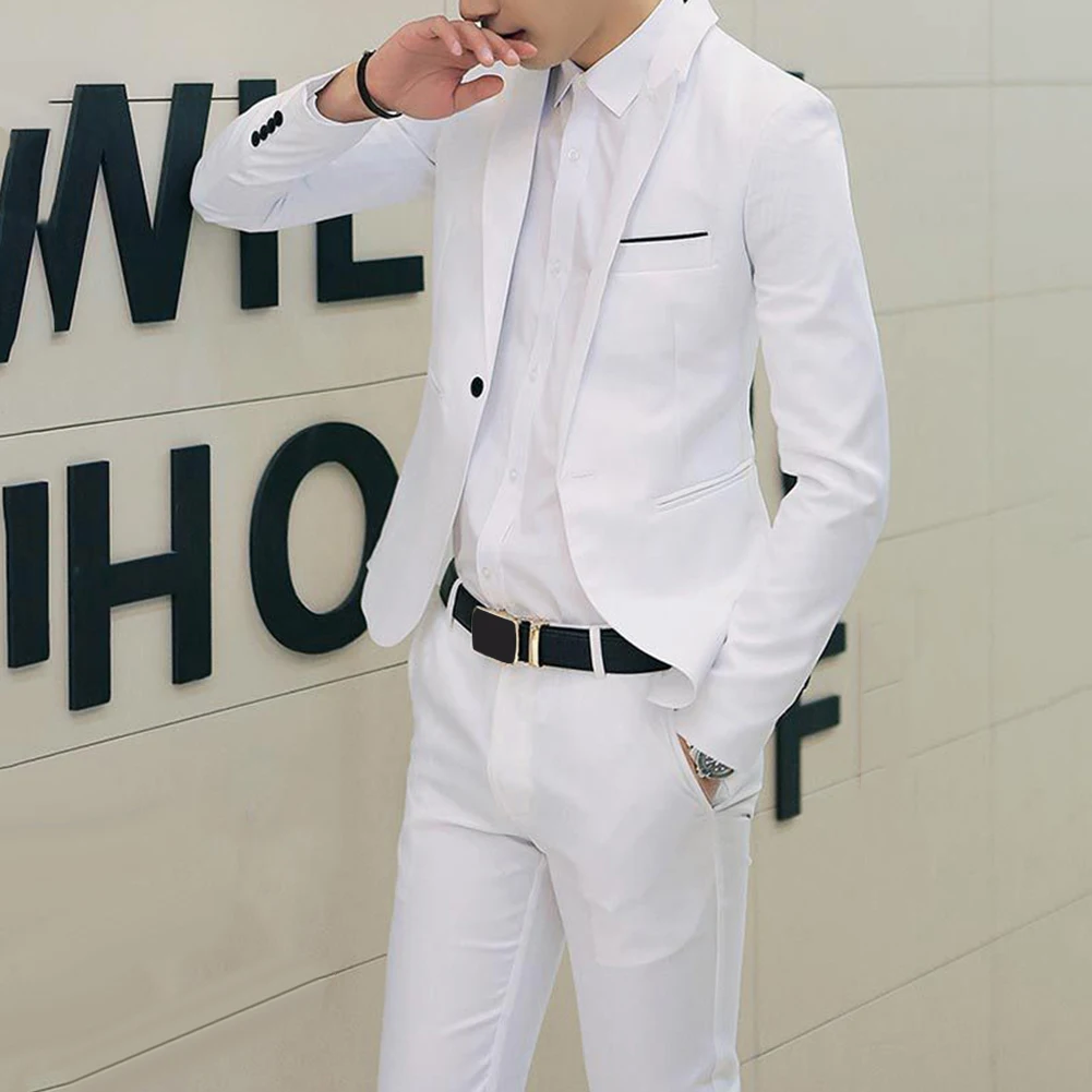 2 Pieces Set Men's Casual Suit Jacket + Pants Business Dress Wedding Groom Blazers Trousers