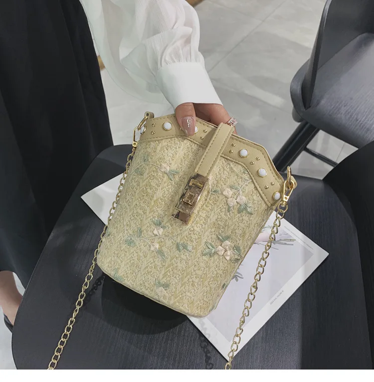 Bolsa feminina, соломенная сумка, кружевная, переносная сумка-мешок, женская, новинка, летняя, Сказочная, перламутровая, тканая, Мини, Студенческая сумка на цепочке - Цвет: Хаки