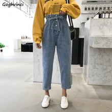 Джинсы женские эластичные с высокой талией свободные шаровары шикарные с бантом кнопки Kawaii длиной до щиколотки новые студенческие Harajuku Досуг Модный корейский стиль