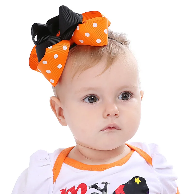 

2019 Baby Kid New Halloween Party Bats Pumpkin Ghosts Baby Headband Girls Orange Black Soft Ribbon Bow Elastic Hair Band