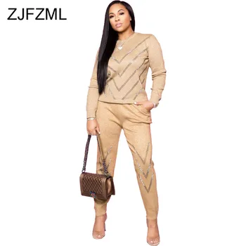 

Sparkly Rhinestones Two Piece Set Fall Winter Clothes For Women O Neck Long Sleeve Top +Pockets Pencil Trouser Elegant Tracksuit