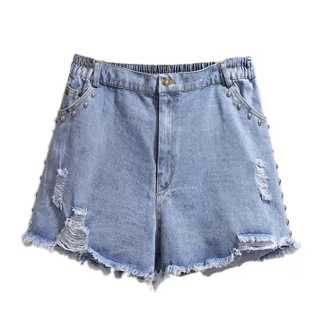 

2020 New Casual Blue Ripped Denim Shorts Jeans Spring Summer Elastic Waist Plus Size Hole Beaded Straight Wide Leg Pants