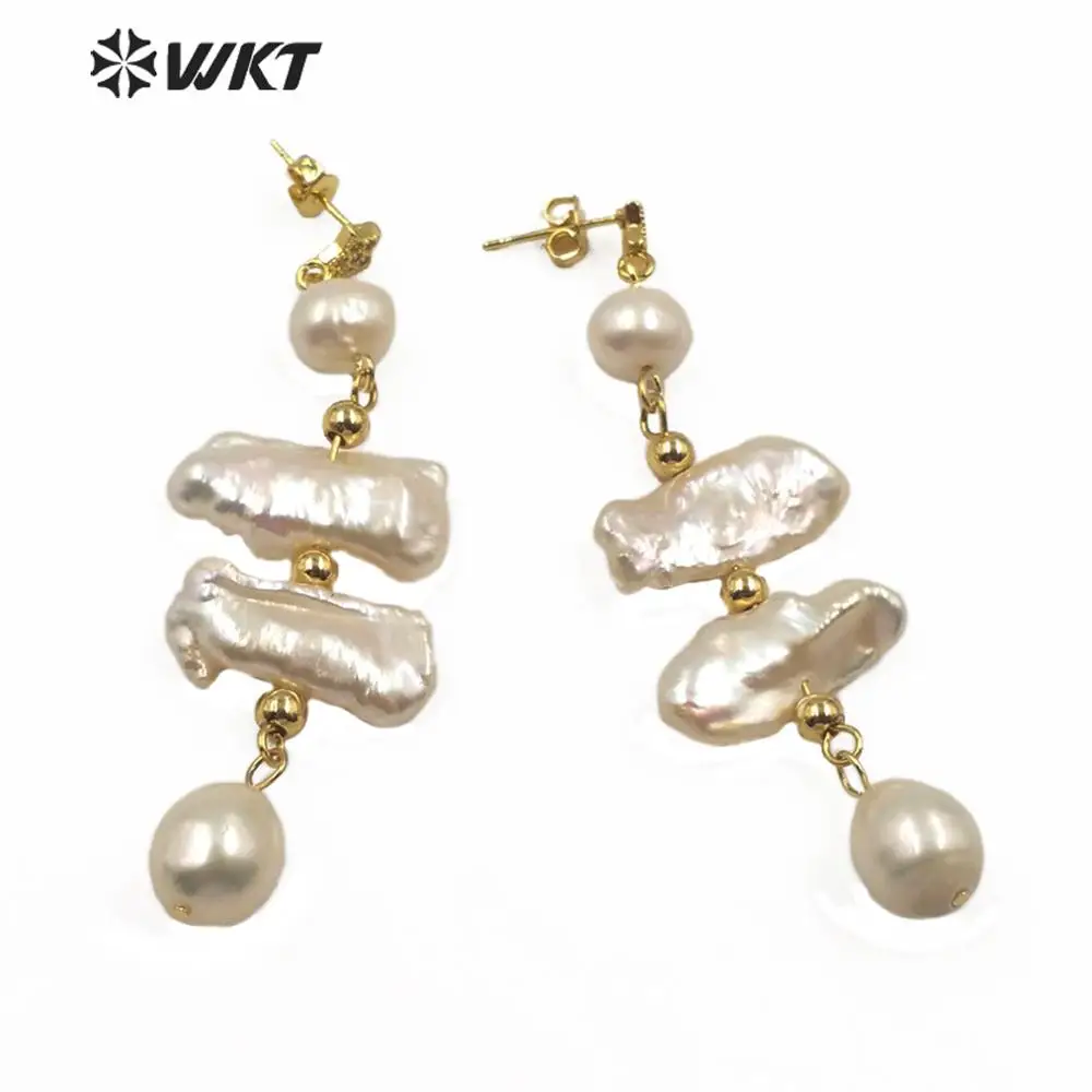 WT-MPE015 Exclusive Design New Freshwater Baroque Pearl Dangle Earrings Women Precious Gold Handmake Royal Style Decoration