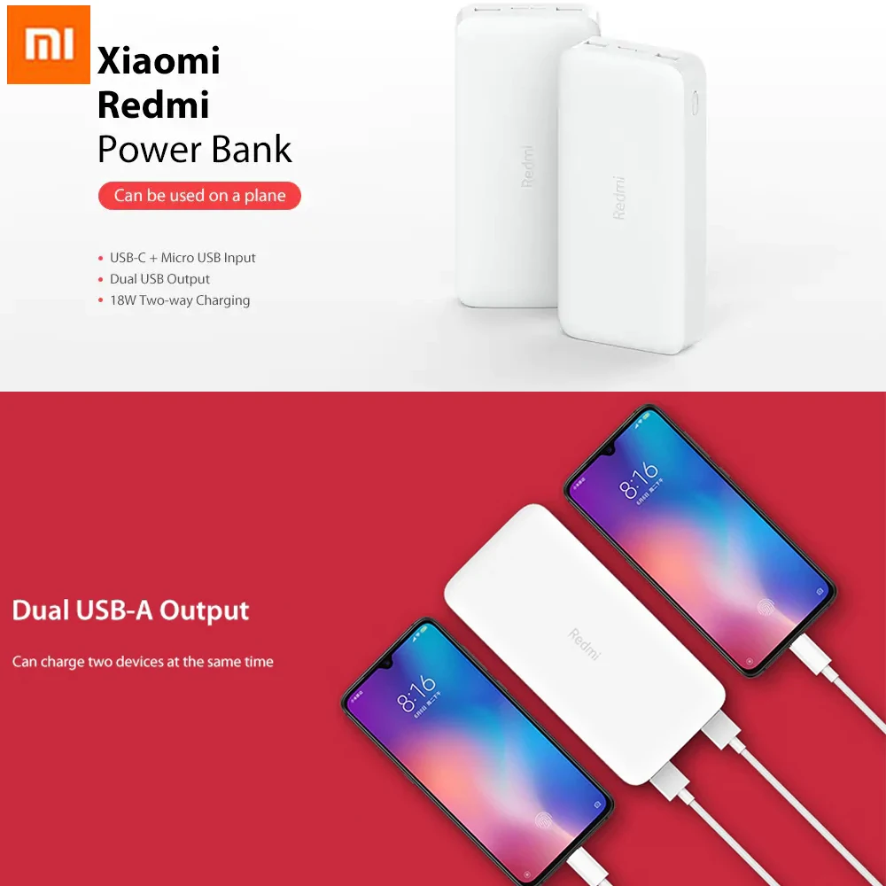 

Original XIAOMI Redmi 20000mAh 18W Two-Fast Charging Power Bank USB External Battery Dual USB Output Fast Charging Powerbank