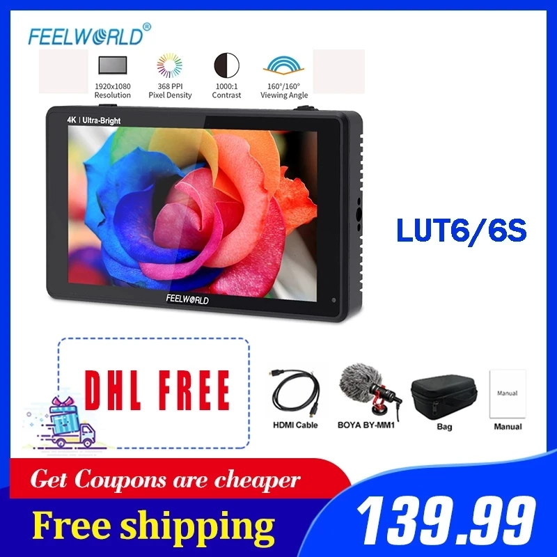 FEELWORLD LUT6/6S 6-дюймовый 2600nits HDR 3D LUT сенсорный экран на камеру полевой DSLR монитор с