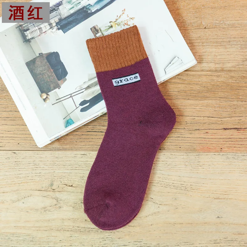 WINE RED 1pair New Winter Thick Warm Wool terry towel Women Sock Vintage Christmas grace Socks Colorful Gift winter Women's warm socks - Цвет: WINE RED